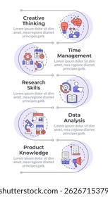 Professional competencies infographic vertical sequence. Data analysis, management. Visualization infochart with 5 steps. Circles workflow