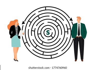 Professional competition. Woman vs man. Business people stand near labyrinth vector illustration