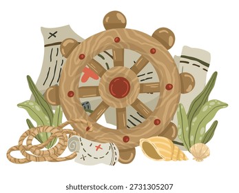 Eine professionelle Zusammensetzung von Piraten-Tools: eine Schatzkarte, ein Schlüsselglas, ein Anker mit Seil, ein Schiffsrad und eine Nachricht in einer Flasche. Ideal für Unterrichtsmaterialien, Spieledesign und Abenteuer-Mottopartys.