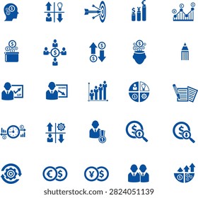 A professional and comprehensive vector icon set featuring 25 essential corporate management, financial strategy, and business analytics symbols isolated on a white background. Designed with a cohesive solid blue style, this high-utility collection includes glyph icons for target archery goals, global currency exchange charts, team connection hubs, time-management clocks, business growth bar graphs, and creative thinking profiles. This versatile asset bundle is perfectly optimized for financial mobile apps, business dashboards, human resource software interfaces, and corporate presentation templates.#BusinessManagement #FinancialIcons #VectorIconSet #CorporateStrategy #DataAnalytics #BusinessGrowth #InfographicElements #BlueMinimalistIcons #FinanceGraphics #DashboardUI