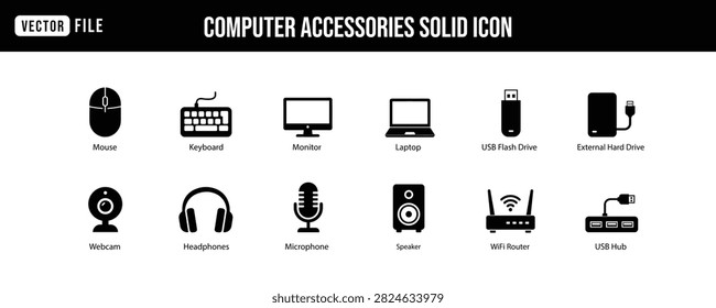 Professional computer accessories icon collection featuring essential desktop and laptop peripherals including mouse, keyboard, monitor, webcam, USB devices, audio equipment, networking hardware, and storage accessories. Ideal for technology websites, software interfaces, e-commerce, presentations, user manuals, and digital learning materials.