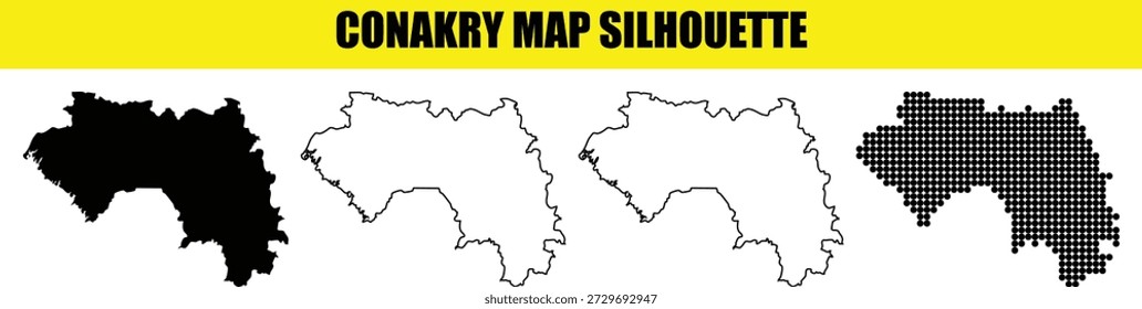 Professional Conakry city map silhouettes presented in multiple vector formats for geographic visualization, including outline art, solid shapes, and modern dotted patterns for projects