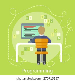 Professional concept with male computer programmer sitting in a chair in front of computer at table and programming on computer on his workplace