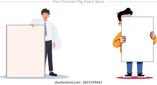 A professional conceptual flat vector illustration focusing on marketing copy space, business message presentation, and customizable advertising layout. The horizontal composition features a clean white background displaying two distinct male characters holding large blank vertical posters. The left scene presents a standing corporate employee in a formal white dress shirt, tie, and dark formal trousers holding a massive empty announcement board to his side. The right scene showcases a cartoon man in a casual yellow sweater and blue jeans completely hiding his torso behind a broad rectangular placard held with both hands. This versatile design asset is tailored for business recruitment announcement banners, promotional discount marketing flyers, company message boards, and human resources orientation website templates.
