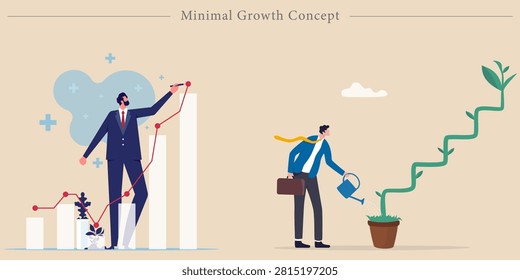 A professional conceptual flat vector illustration focusing on corporate economic progression, financial strategy comparison, and sustainable business development. Set against a warm pastel beige background, the horizontal layout presents two symbolic corporate narratives side by side. The left scenario depicts a tall male executive in a formal navy blue suit tracing an ascending red trendline across white bar columns, navigating a sharp rebound from a low dip where small potted foliage rests. The right scenario showcases a male professional holding a brown briefcase while pouring water from a blue can onto a terracotta flowerpot, cultivating a green vine that shoots upward in a staircase formation with sprouting leaves beneath a small white cloud. This versatile graphic asset is perfectly designed for investment advice portals, commercial stock portfolios, entrepreneurship training material, and quarterly revenue presentation backgrounds.