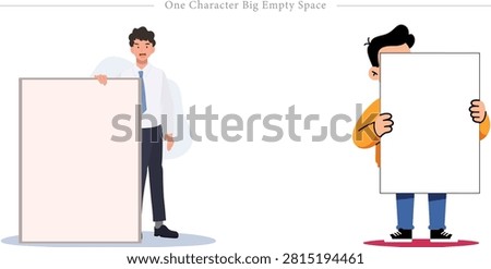 A professional conceptual flat vector illustration focusing on marketing copy space, business message presentation, and customizable advertising layout. The horizontal composition features a clean white background displaying two distinct male characters holding large blank vertical posters. The left scene presents a standing corporate employee in a formal white dress shirt, tie, and dark formal trousers holding a massive empty announcement board to his side. The right scene showcases a cartoon man in a casual yellow sweater and blue jeans completely hiding his torso behind a broad rectangular placard held with both hands. This versatile design asset is tailored for business recruitment announcement banners, promotional discount marketing flyers, company message boards, and human resources orientation website templates.
