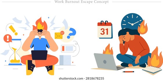 A professional conceptual vector illustration highlighting corporate work burnout, intense deadline stress, and emotional exhaustion from overworking. The horizontal composition exhibits two distinct corporate employee struggle scenarios set against a clean white backdrop. The left section depicts a stressed man in a blue shirt sitting cross-legged with a laptop, clutching his head in panic as realistic flames erupt from his hair amidst scattered documents, an hourglass timer, low battery signs, notification envelopes, and exclamation points. The right section displays a tired woman wearing an orange sweater sitting on the floor by a grey laptop computer, holding her forehead in exhaustion below a large wall clock and a calendar page showing day 31, surrounded by metaphorical fire borders, an open notebook, and a pen. This highly descriptive design is fully optimized for human resources mental health blogs, corporate psychological well-being landing pages, office stress management articles, and commercial stock portfolio distribution