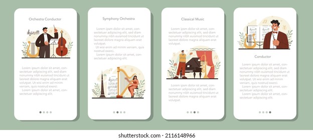 Professional conductor mobile application banner set. Conductor and symphony orchestra performing classical music. Musicians playing musical instruments. Flat vector illustration.