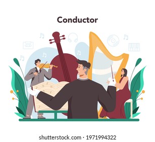 Professional conductor with musicians playing musical instruments. Young performer playing music. Talented musicians performance. Vector illustration.
