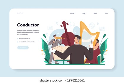 Professional conductor with musicians playing musical instruments web banner or landing page. Young performer playing music. Talented musicians performance. Vector illustration.