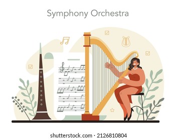 Professional conductor. Conductor and symphony orchestra performing classical music. Musicians playing musical instruments. Flat vector illustration.
