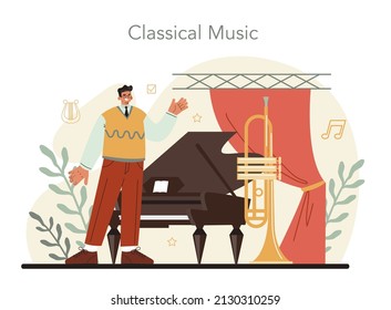 Professional conductor. Conductor and symphony orchestra performing classical music. Musicians playing musical instruments. Flat vector illustration.