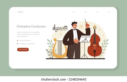 Banner web profesional o página de inicio. Orquesta de orquesta y sinfónica de música clásica. Músicos tocando instrumentos musicales. Ilustración vectorial plana.