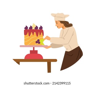Professional confectioner decorates huge birthday or wedding cake, flat cartoon vector illustration isolated on white background. Bakery and pastry, desserts production.
