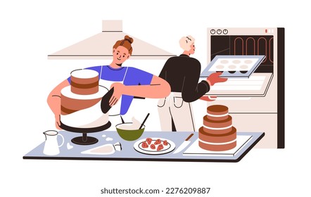 Professional confectioner making cake. Pastry chef woman cooking sweet dessert, decorating confectionery. Confection, patisserie manufacture. Flat vector illustration isolated on white background