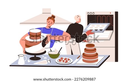 Professional confectioner making cake. Pastry chef woman cooking sweet dessert, decorating confectionery. Confection, patisserie manufacture. Flat vector illustration isolated on white background