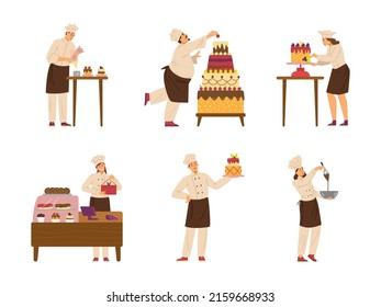 Professional confectioners pastry-cooks characters busy preparing desserts, flat cartoon vector illustrations collection isolated on white background.