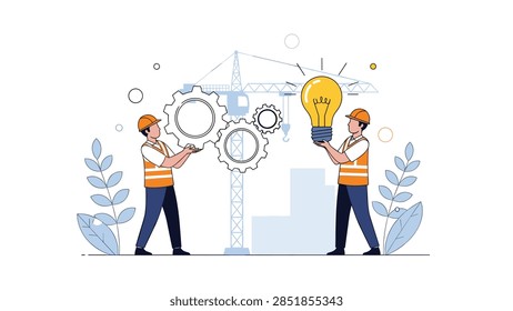 Professional construction engineers working together with gears and a giant lightbulb at a building site.