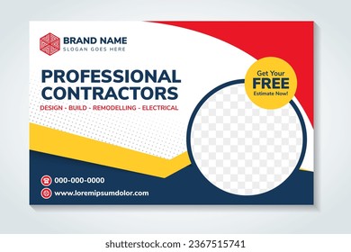 A professional construction and fit out contractors headline of header and Banner Design. Horizontal banners with space for photo and text. blue, yellow, red gradient colors element. white background