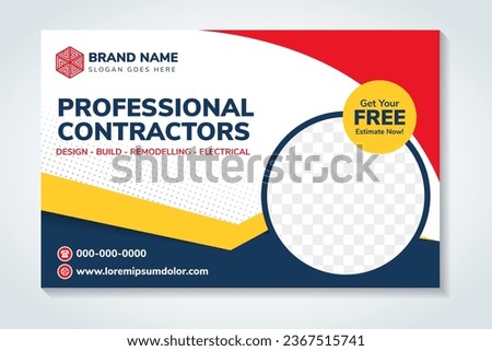 A professional construction and fit out contractors headline of header and Banner Design. Horizontal banners with space for photo and text. blue, yellow, red gradient colors element. white background