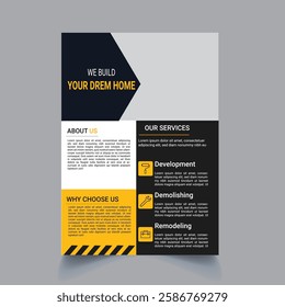 professional construction flyer template. eye catching and modern construction flyer design. perfect for promoting building renovation and contractor services