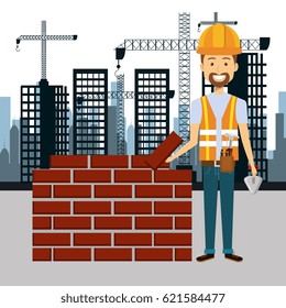 professional construction man character with cityscape background