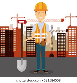 professional construction man character with cityscape background