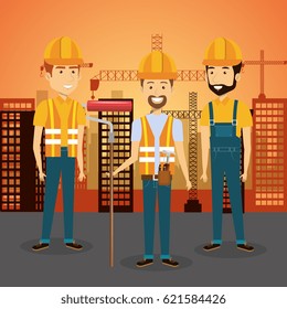 professional construction people characters with cityscape background