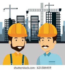 professional construction people characters with cityscape background