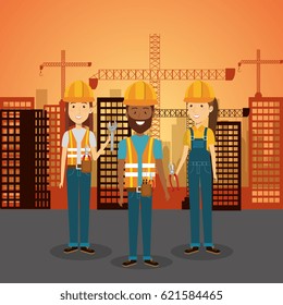 professional construction people characters with cityscape background