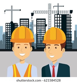 professional construction people characters with cityscape background