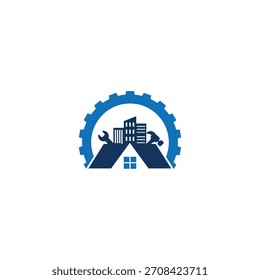 Modelo de logotipo de construção e renovação profissional. O projeto apresenta um telhado de casa fundido com arranha-céus da cidade, rodeado por uma grande engrenagem industrial.