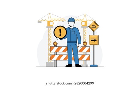 Professional construction worker in blue uniform holding a circular warning sign at a busy building site.