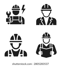 Professional construction worker and engineer icons wearing safety helmets for building site management and labor