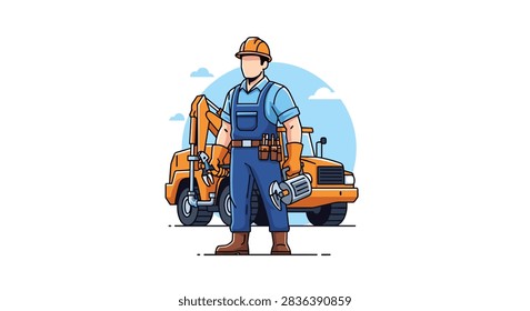 Professional construction worker in a hard hat holding tools in front of a large yellow excavator machine.