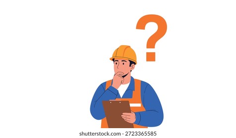 Profissional de construção em um colete de segurança e capacete amarelo segurando uma prancheta com um grande ponto de interrogação.