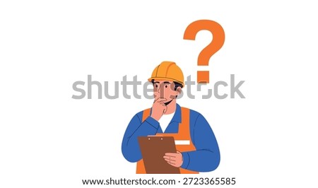 Professional construction worker in a safety vest and yellow helmet holding a clipboard with a large question mark.