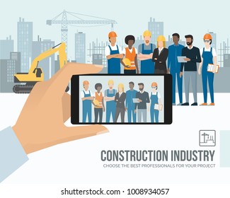 Professional construction workers and engineers posing together on the contruction site, a man is taking a picture with a smartphone, subjective point of view