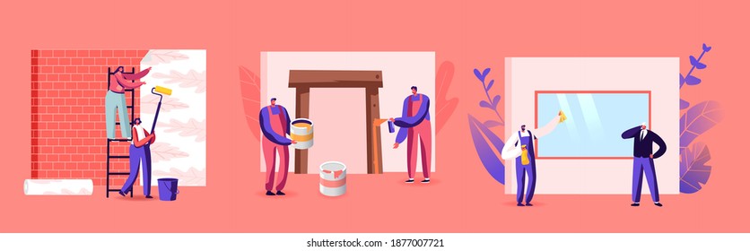 Professional Construction Workers with Tools. Characters with Instruments and Equipment for Home Repair and Renovation. Painting, Stick Wallpaper, Cleaning Window. Cartoon People Vector Illustration