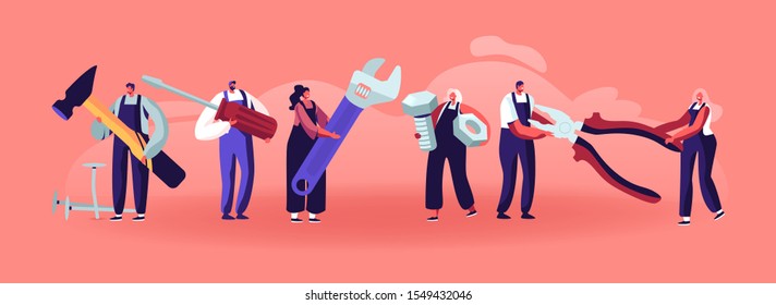 Professional Construction Workers with Tools. Tiny Characters in Uniform Overalls Standing in Row with Huge Instruments and Equipment for Home Repair and Renovation. Cartoon Flat Vector Illustration