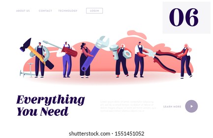 Página Web de Aterrizaje Profesional de Trabajadores de la Construcción con Herramientas. Pequeños personajes en el estandar de la página Web de Reparación y Renovación de Viviendas. Ilustración de vectores planos de caricaturas