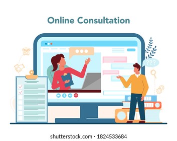 Professional consultant online service or platform. Research and recommendation. Idea of data analysing and problem solution. Online consultation. Flat vector illustration