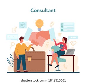 Professional consultant service. Research and recommendation. Idea of data analysing and problem solution. Help clients with business problems. Isolated flat vector illustration