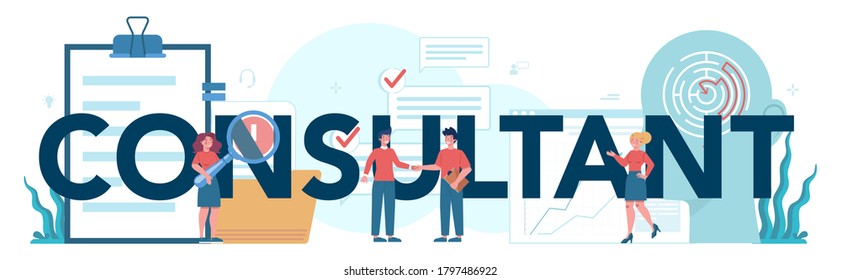 Professional consultant service typographic header. Research and recommendation. Idea of strategy management and troubleshooting. Help clients with business problems. Isolated flat vector illustration