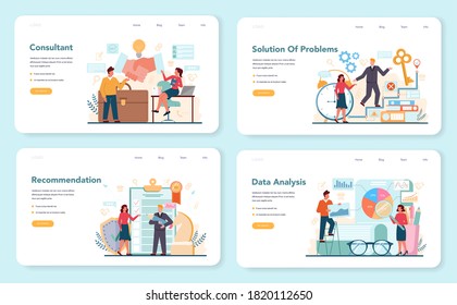 Professional consultant web banner or landing page set. Research and recommendation. Idea of data analysing and problem solution. Help clients with business problems. Isolated flat vector illustration
