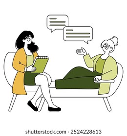 Professional consultation concept. Vector illustration of a senior businesswoman in a discussion with a colleague, sharing expertise and advice.