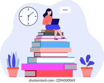 Professional consultation, large amount of work. Online chat, lots of information. Professional and educational experience. Girl sits on pile of books, works on laptop. Color vector female character