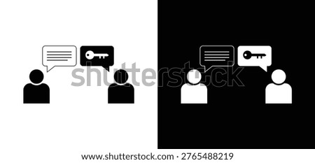 Professional Consultation and Secure Communication Icon Featuring Two People in Dialogue with a Key Symbolizing Problem-Solving, Expert Advice, and Private Conversation.