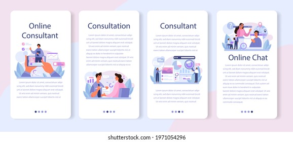 Professional consulting service mobile application banner set. Research and recommendation. Strategy management and troubleshooting. Help clients with business. Isolated flat vector illustration