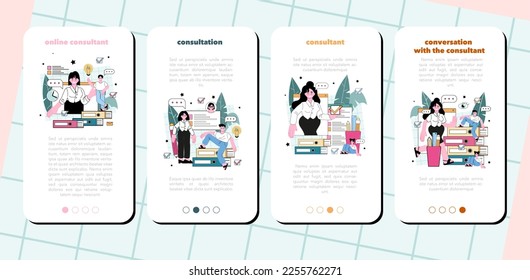 Professional consulting service mobile application banner set. Research and recommendation for business problems. Idea of strategy management and troubleshooting. Flat vector illustration